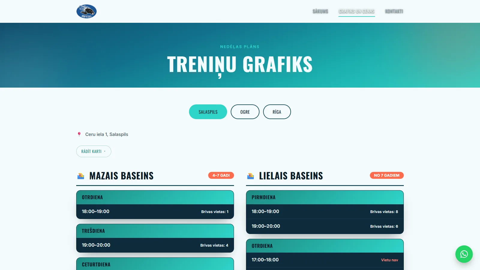 PK Vētra treniņu grafiks ar brīvo vietu skaitu