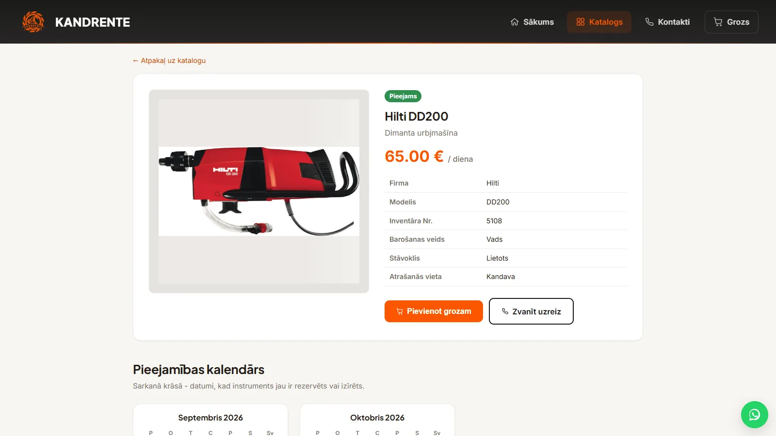 KANDRENTE instrumenta lapa ar cenu un pieejamības kalendāru